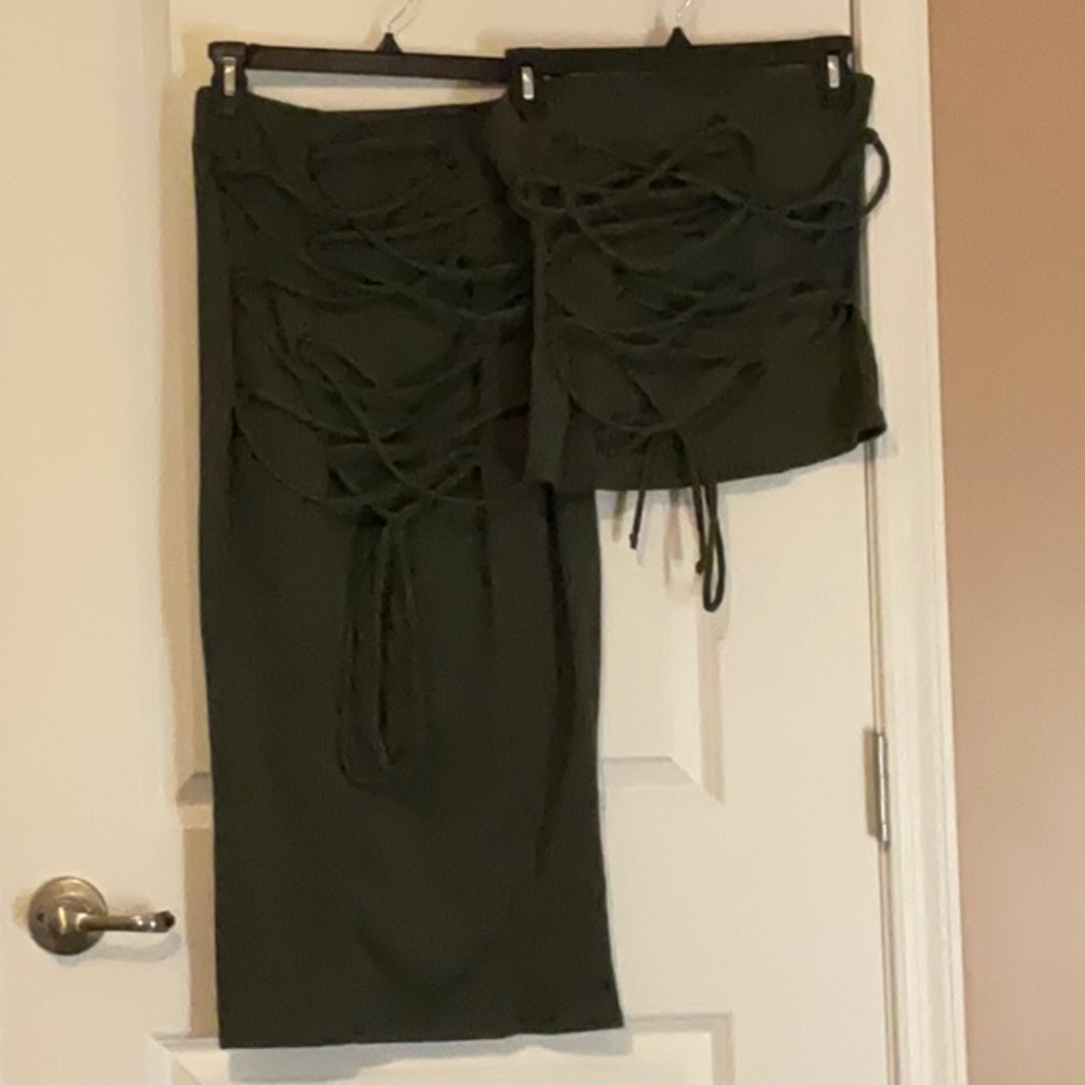 Fashion Nova Olive Lace-Up Midi Skirt and Lace-Up Halter